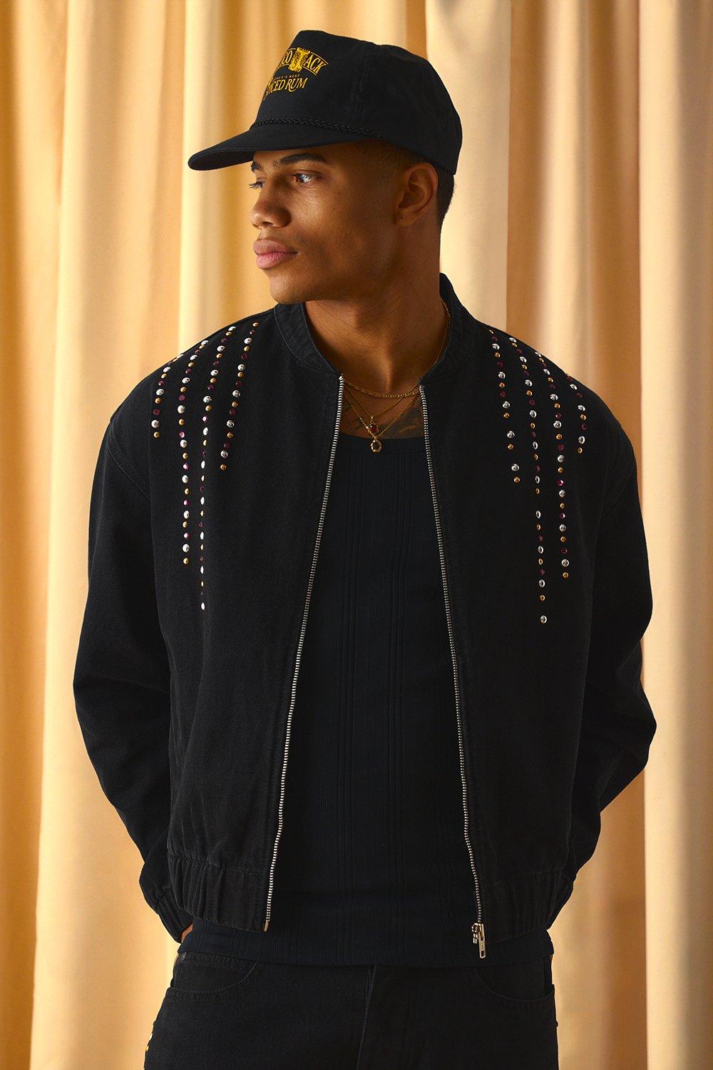 Boxy Embellished Denim Bomber Jacket